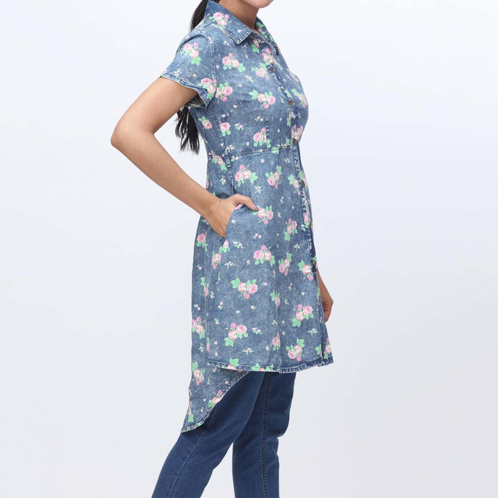 Denim Floral Button Through Shirt PW3959