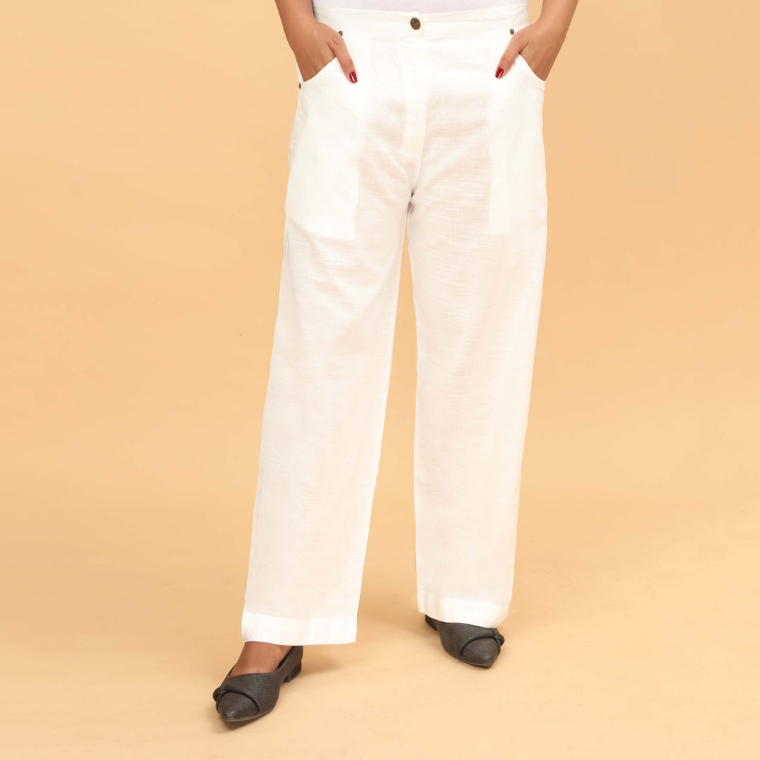 White Straight Fit Plain Trouser PW4505