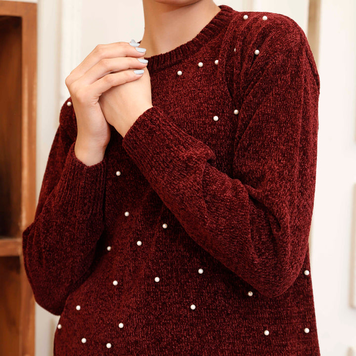 Maroon Velvet Thread Winter Sweater PW4825