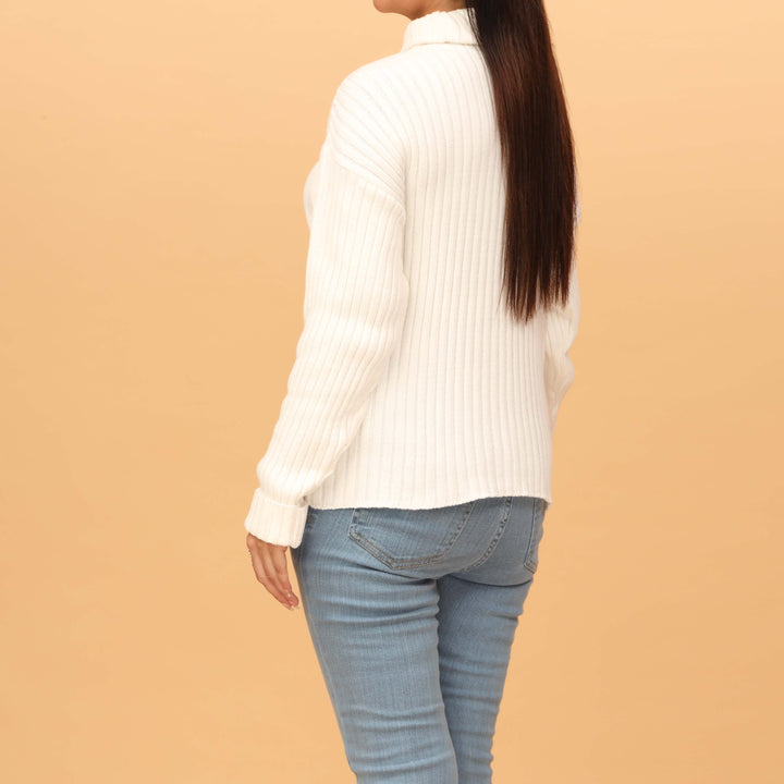 White Plain Cotton High Neck Sweater PW4838