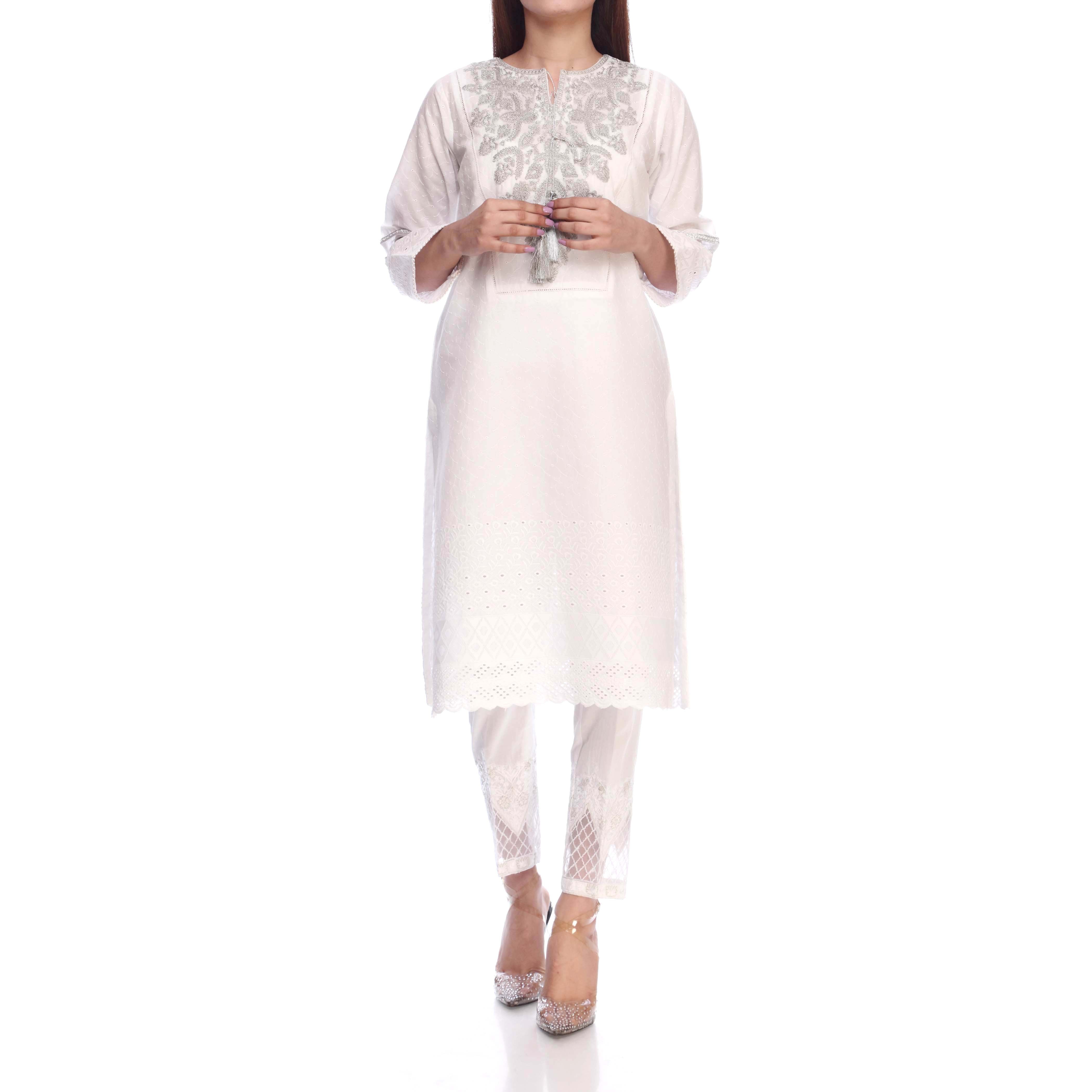 White Color ChikanKari Embellished Shirt PS2155
