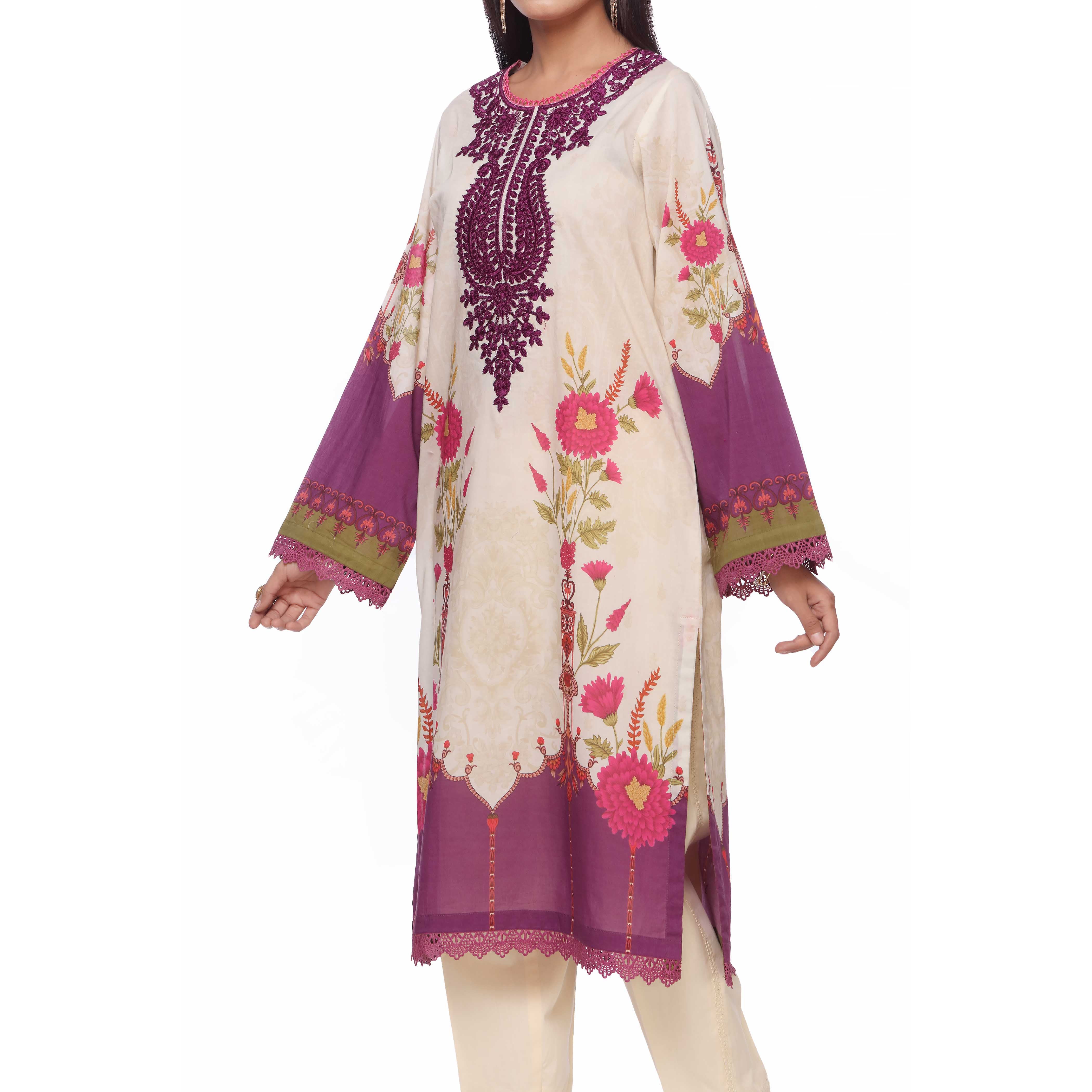 Cream Digital Printed Lawn Embroidered Shirt PS2366