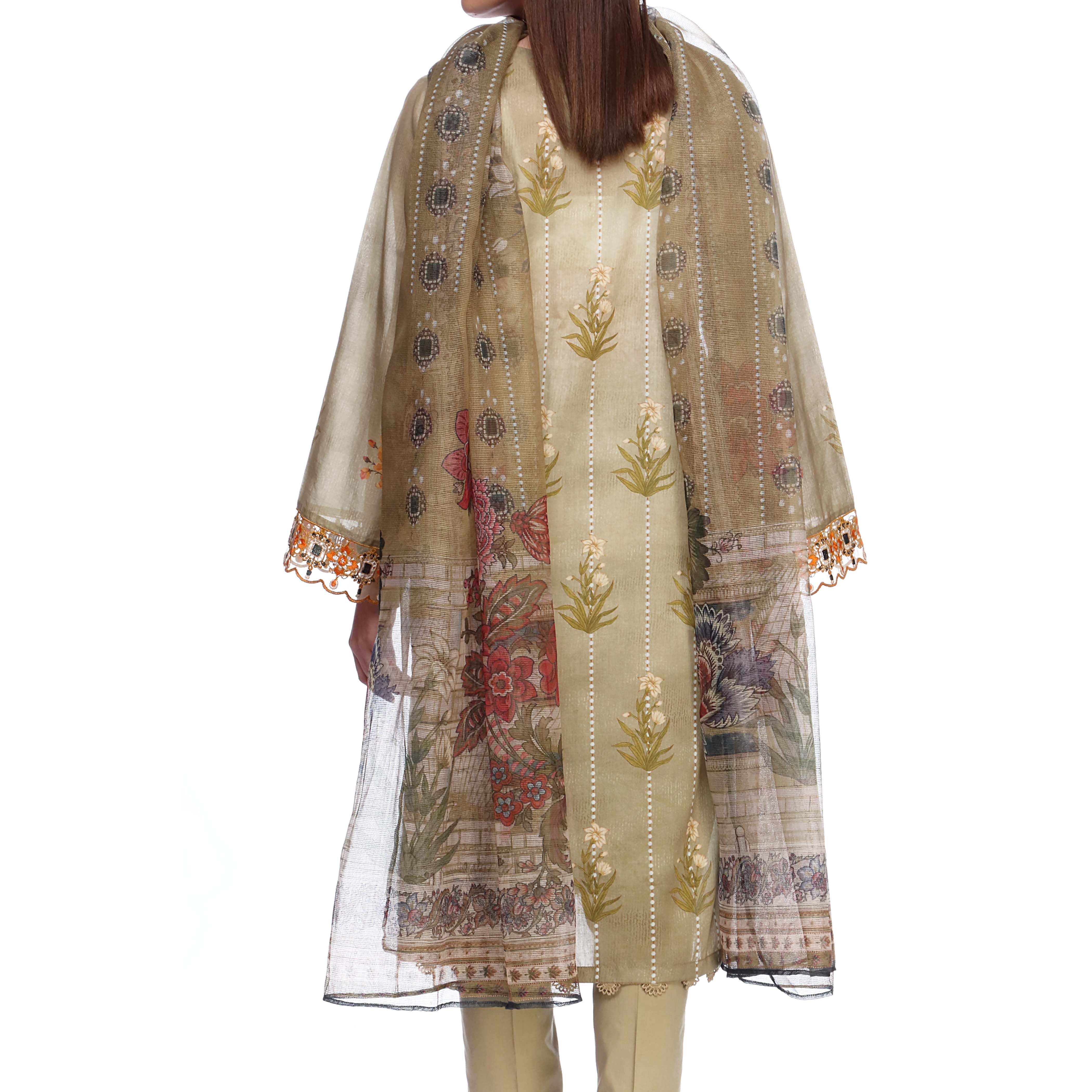 Digital Printed Lawn Shirt With Embroidered Sleeves
Digital Printed Net Dupatta
Plain Dyed Cambric Trousers