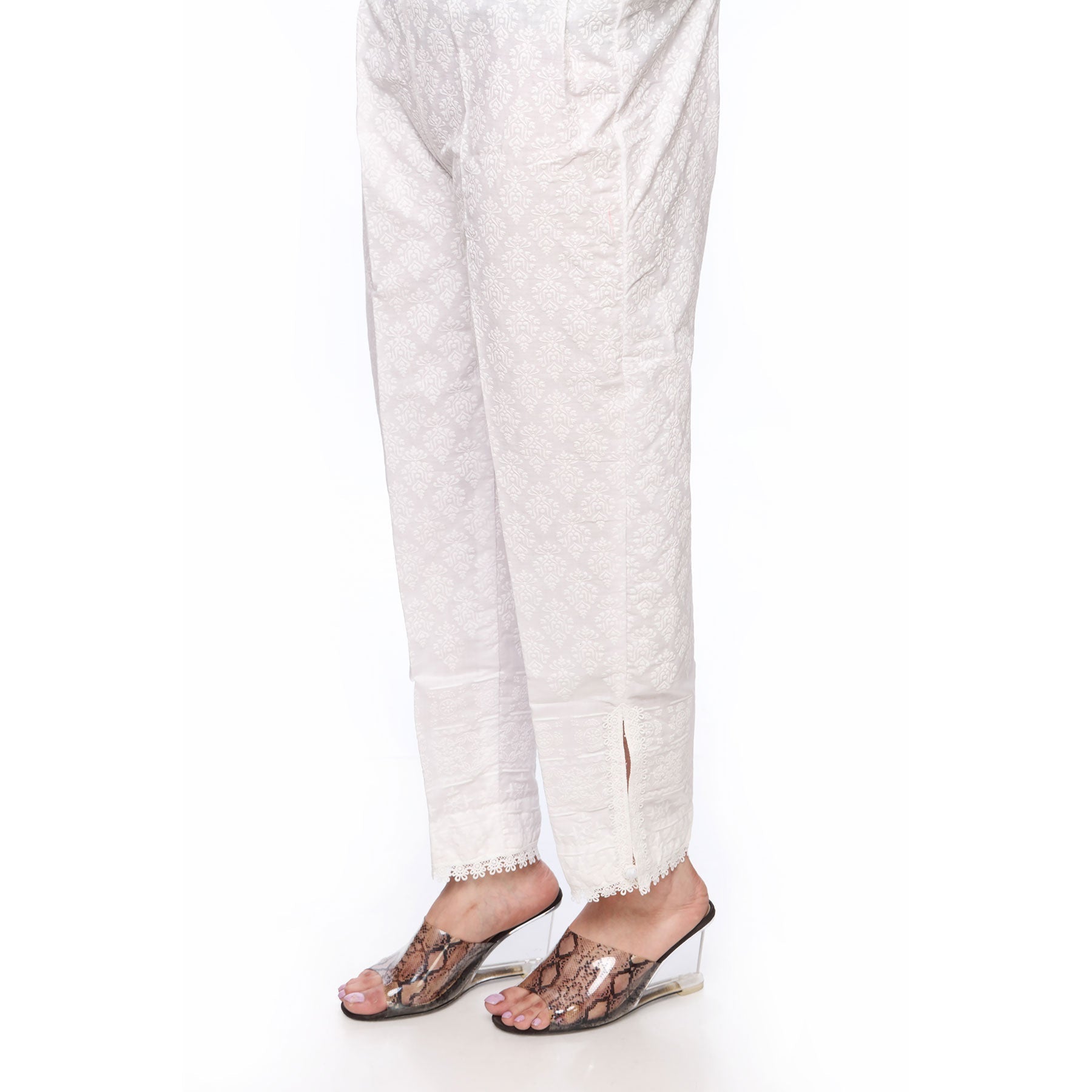 White Color Straight Fit Printed Trousers PS254809