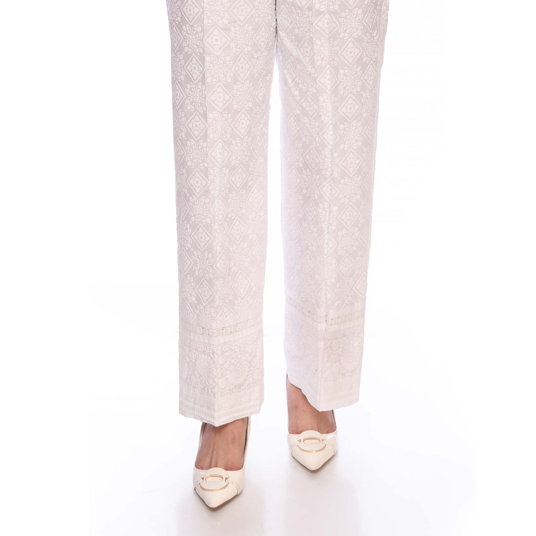 White Color Printed Straight Fit Cambric Trousers PS2549