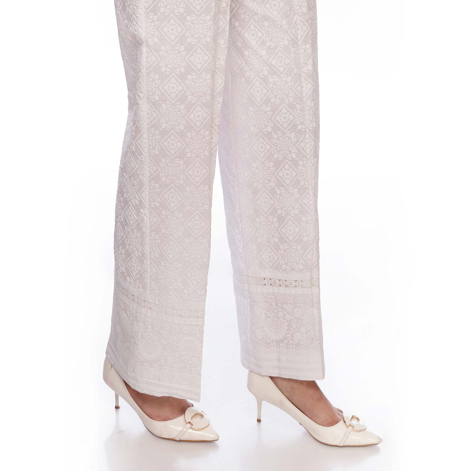 White Color Printed Straight Fit Cambric Trousers PS2549
