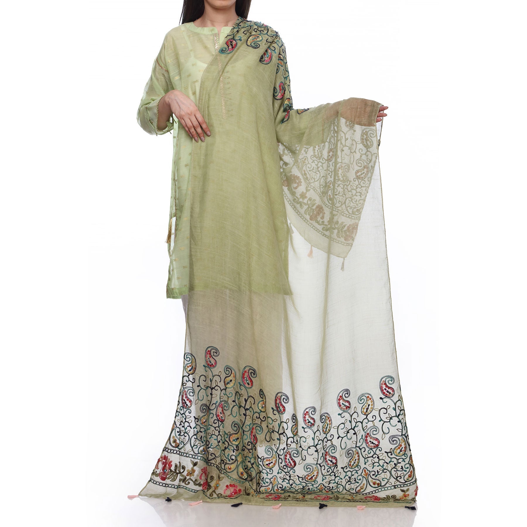 Green Color Embellished Dyed Lawn Stole PS2713
