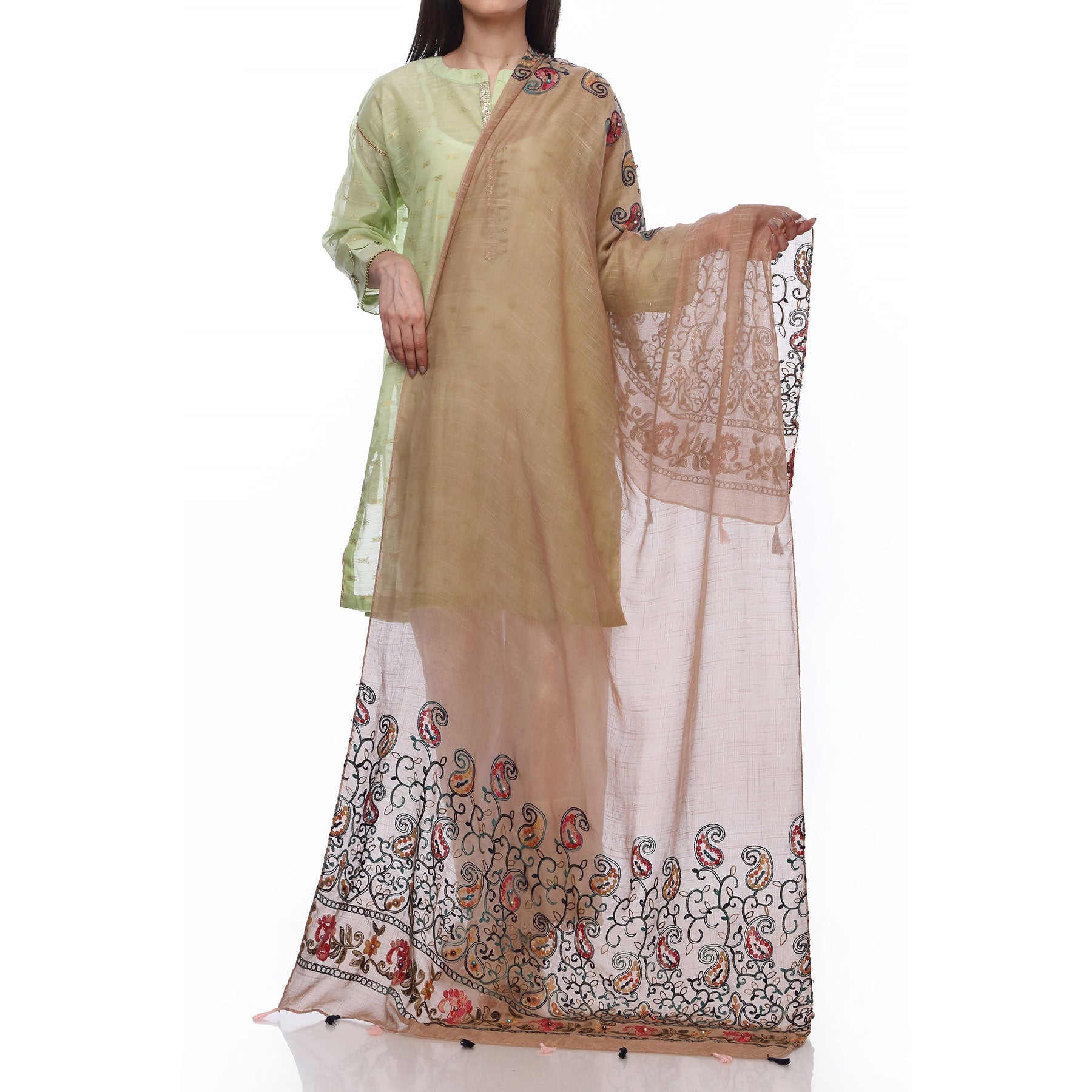 Khaki Color Embellished Dyed Lawn Stole PS2713