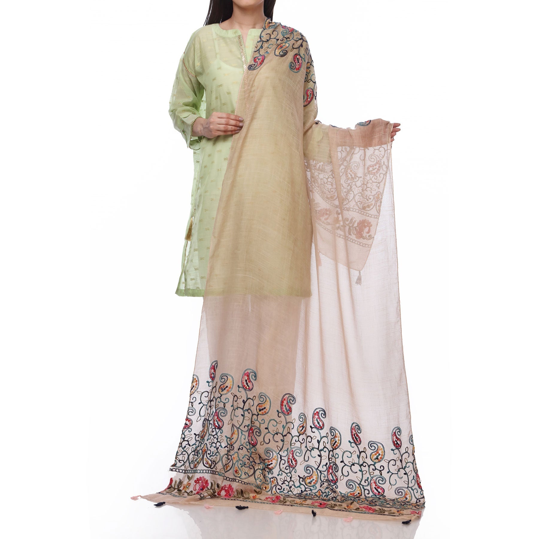Beige Color Embellished Dyed Lawn Stole PS2713