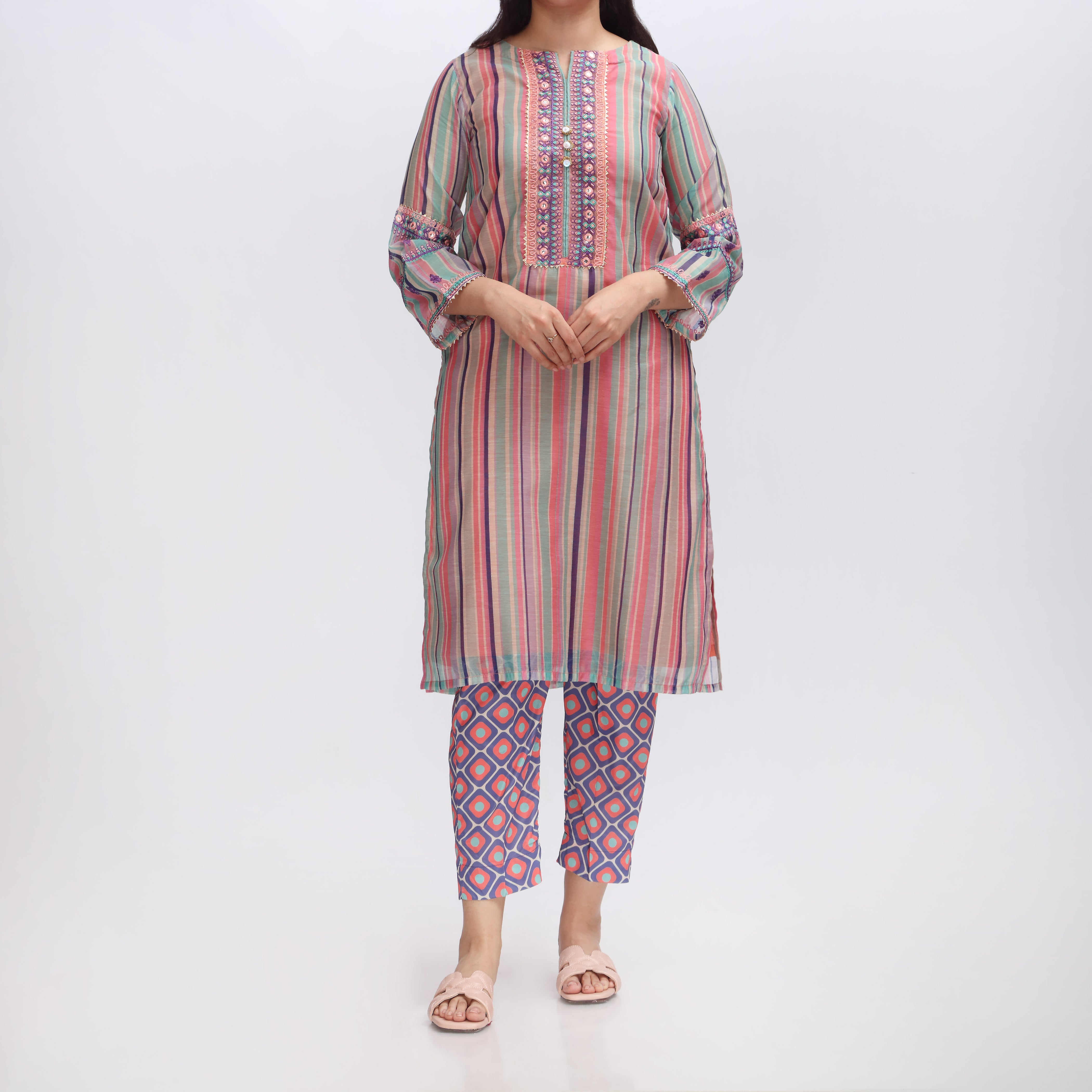 2PC- Embroidered Paper Cotton Shirt & Trouser PS3109