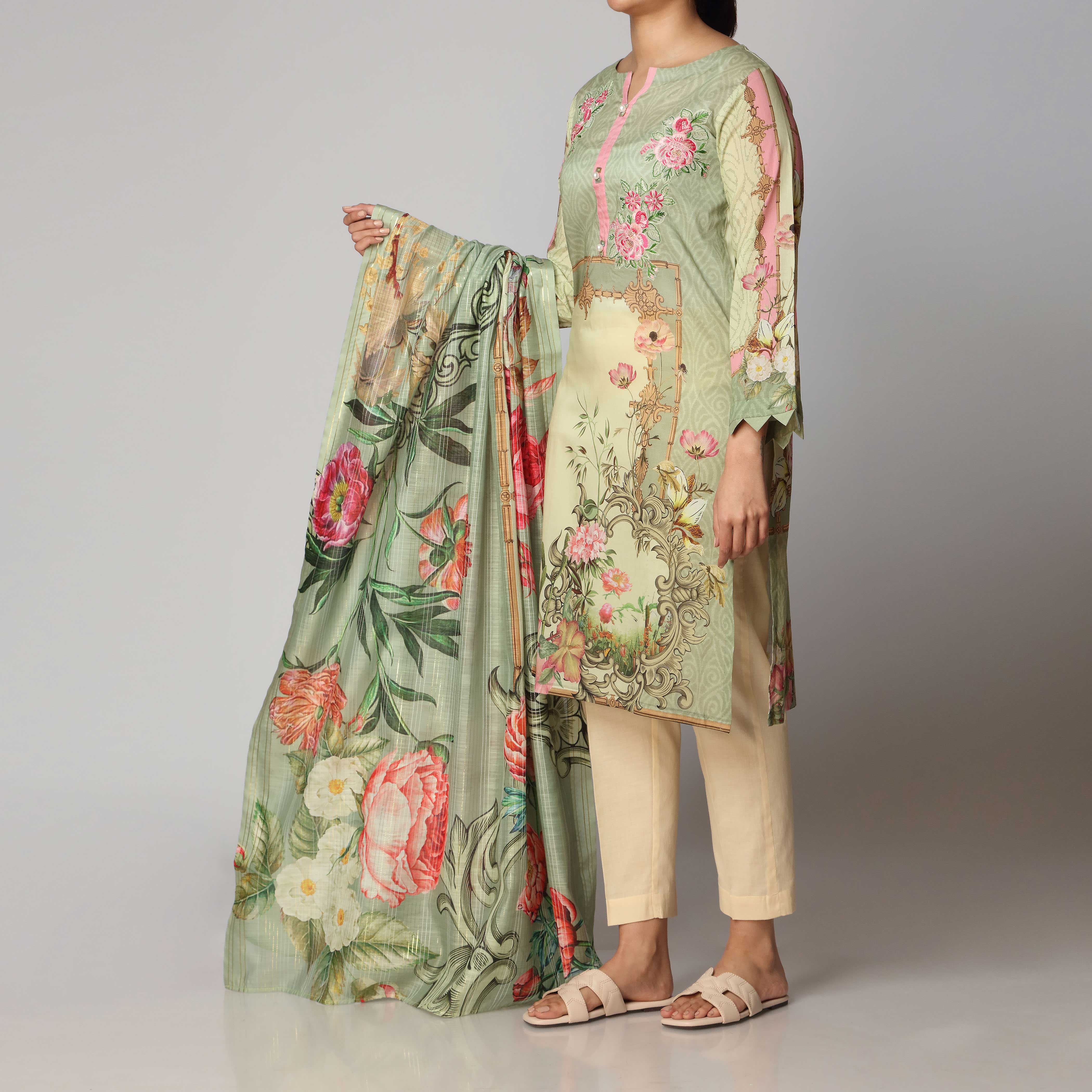 2PC- Unstitched Digital Printed Lawn Embroidered Shirt With Dupatta PS3456