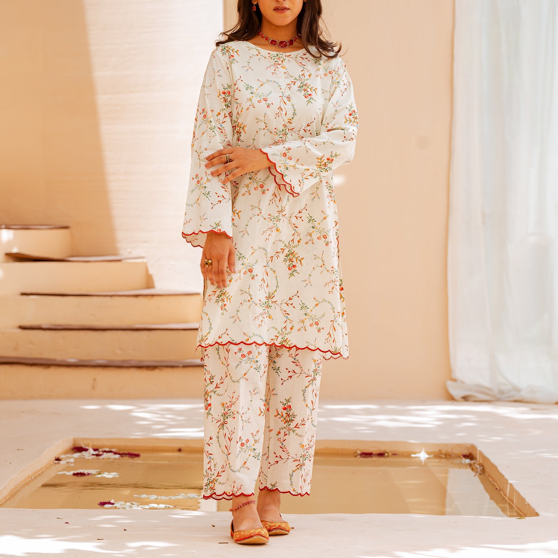 2PC- Cambric Printed &Embellished Shirt With Printed Trouser PS3332
