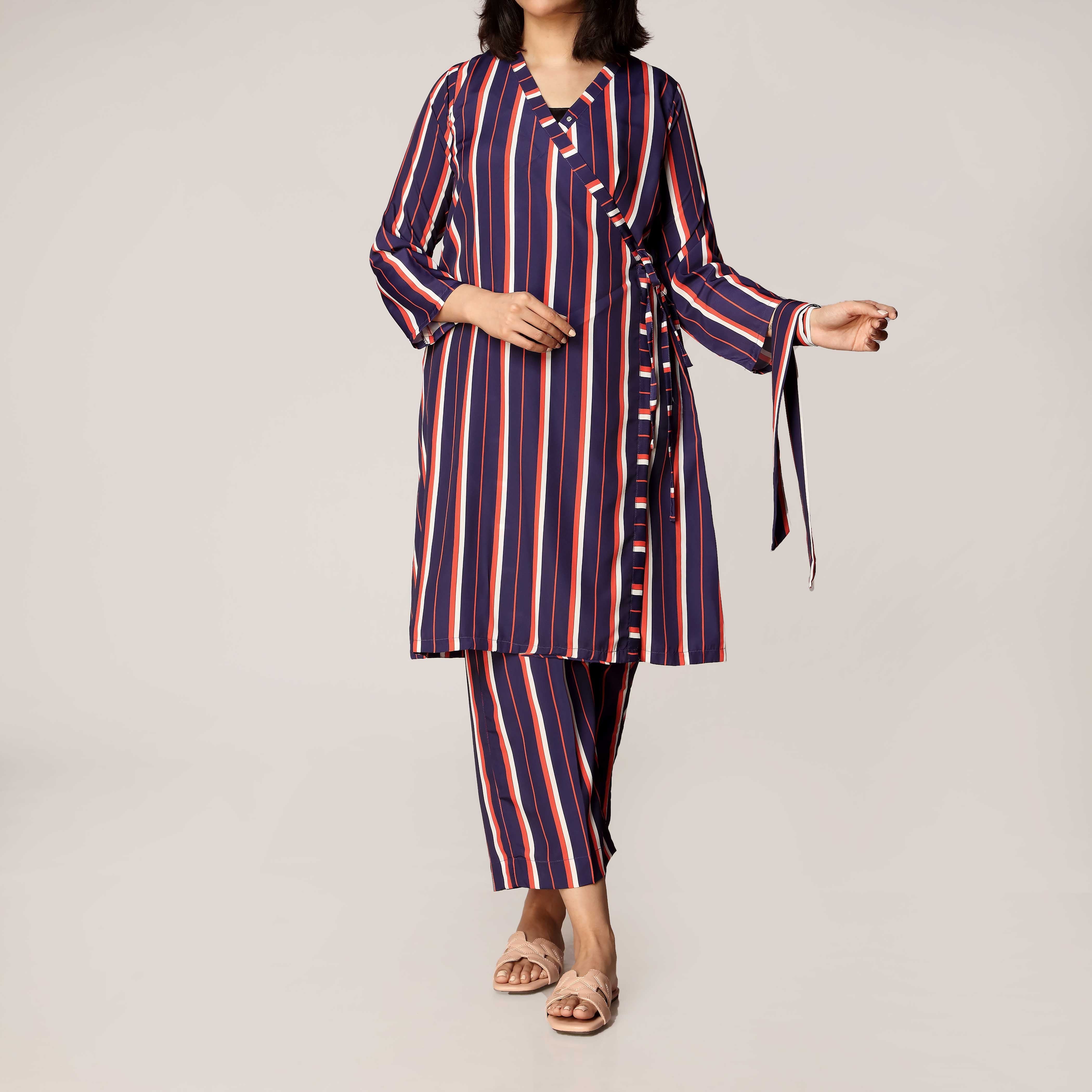 2PC- Grip Silk Printed Stripe Shirt & Trouser PS3339