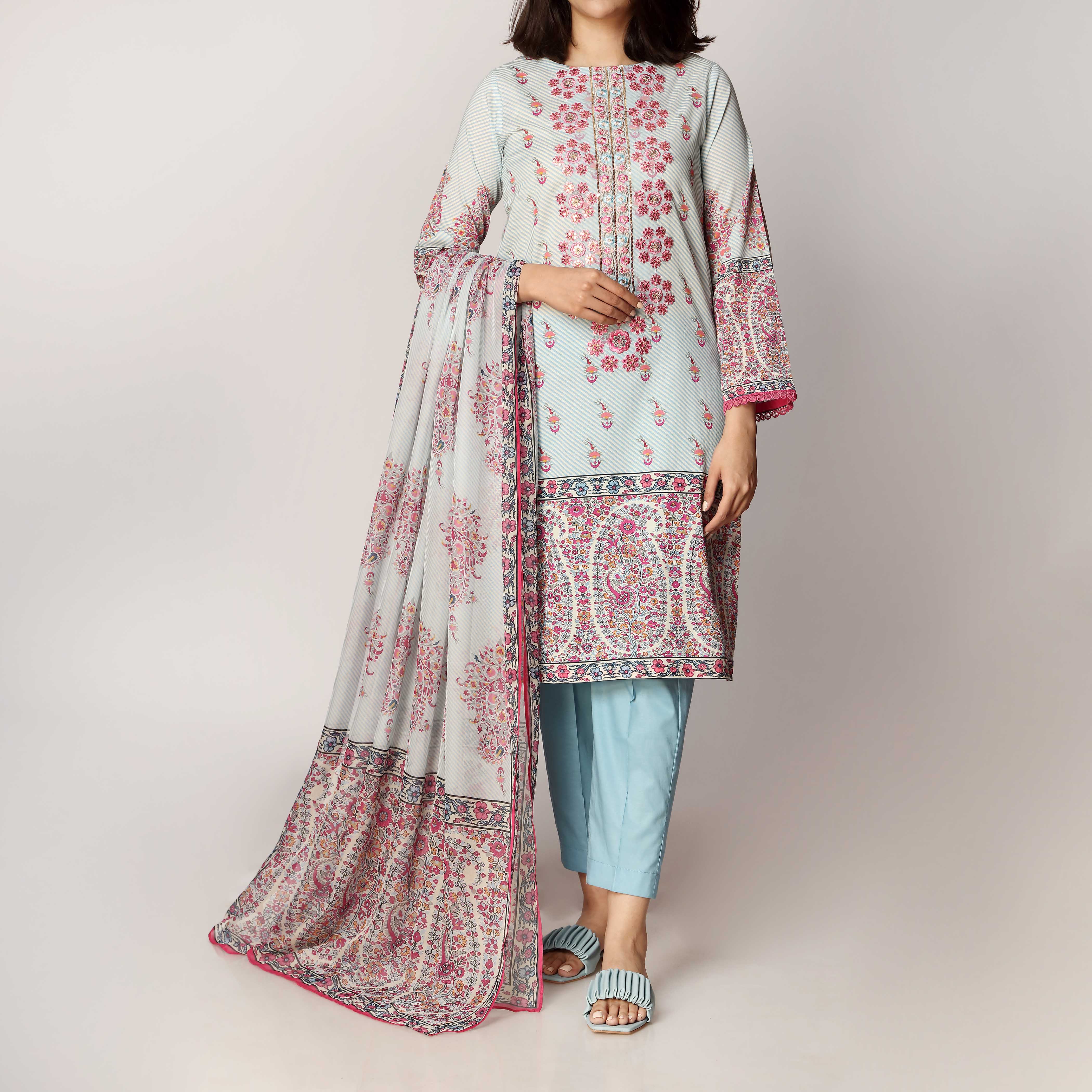 3PC- Unstitched Digital Printed Lawn Embroidered Suit  PS3477