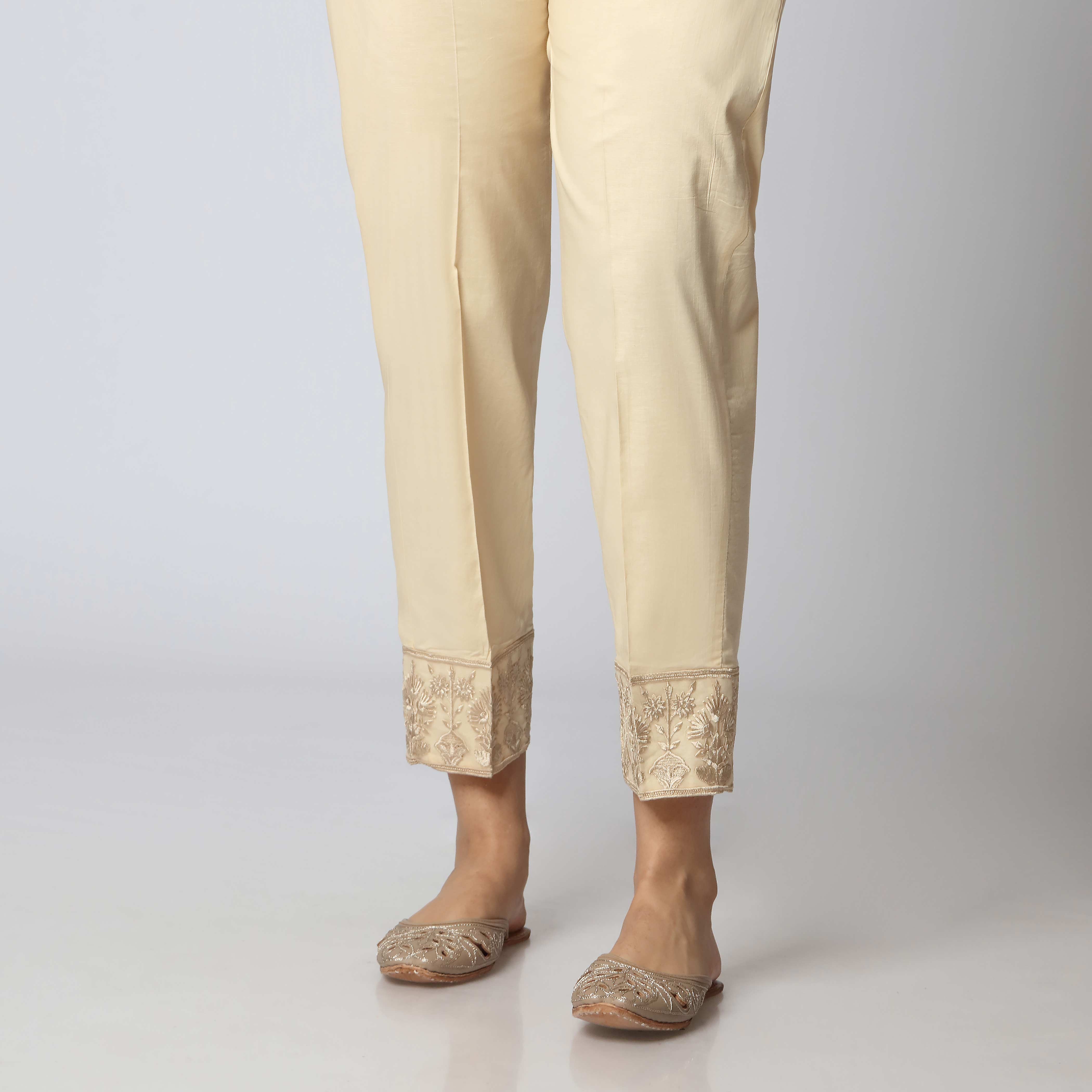 Beige Cambric Embellished Slim Fit Trouser PS3501