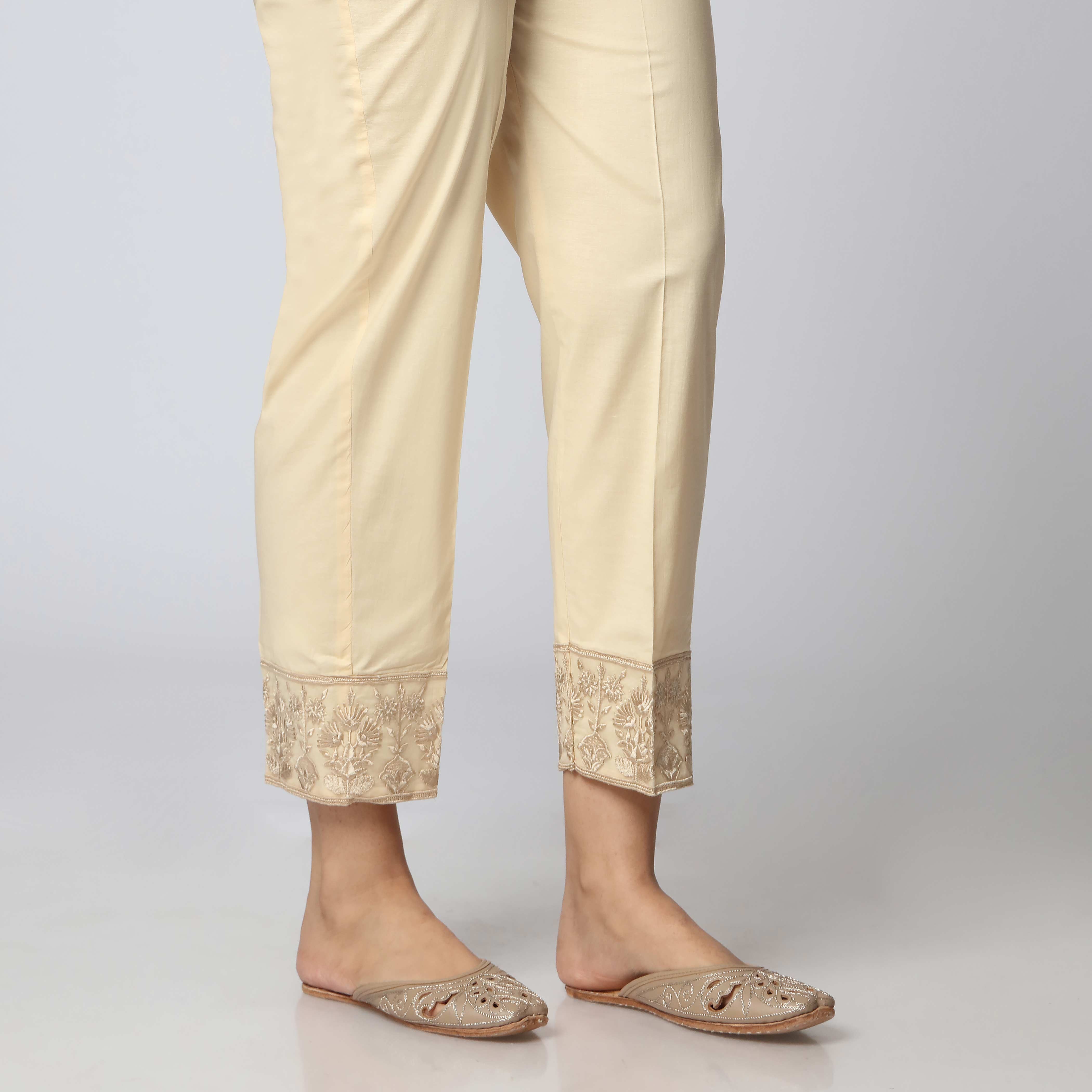 Beige Cambric Embellished Slim Fit Trouser PS3501