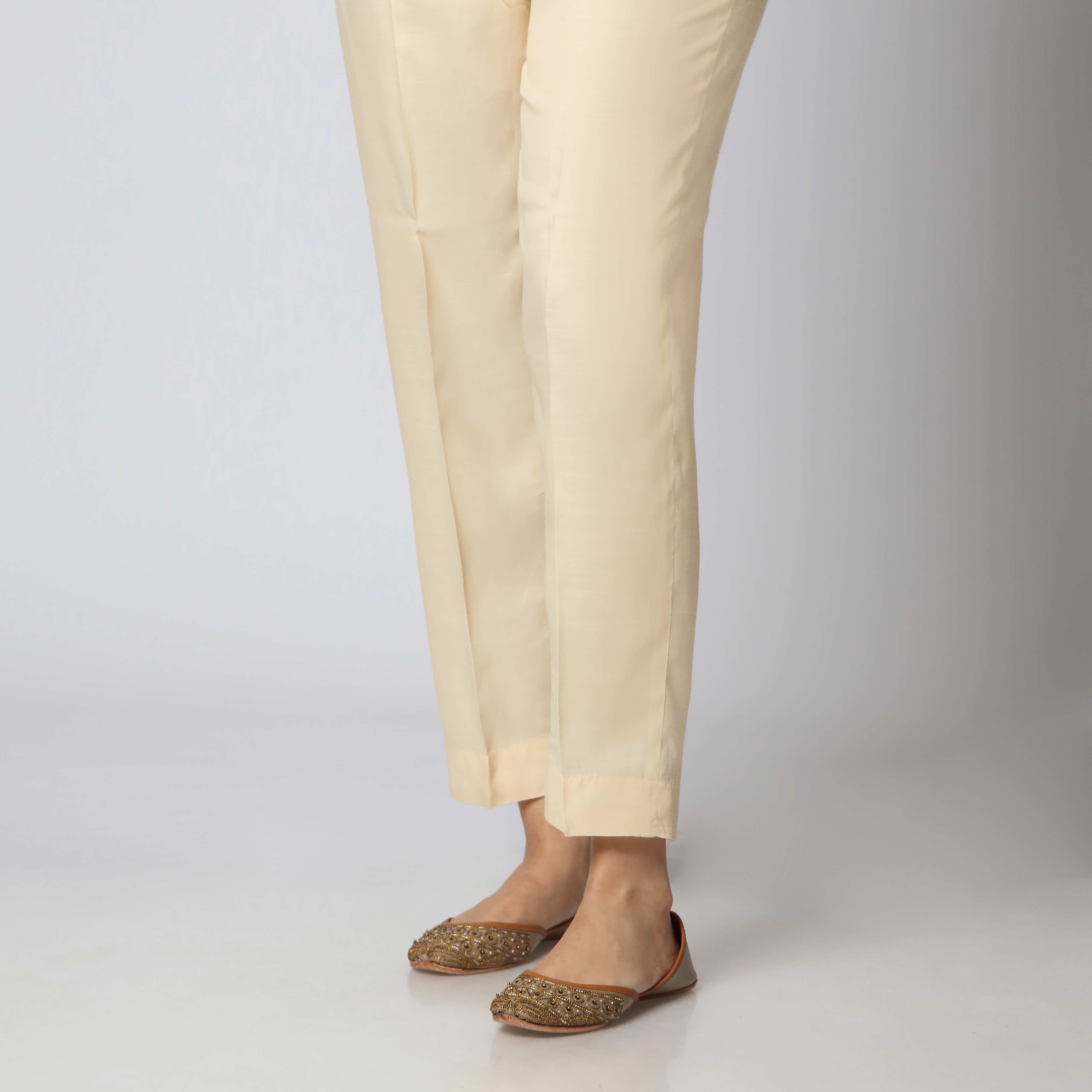 Cream Raw Silk Plain Slim Fit Trouser PS3521