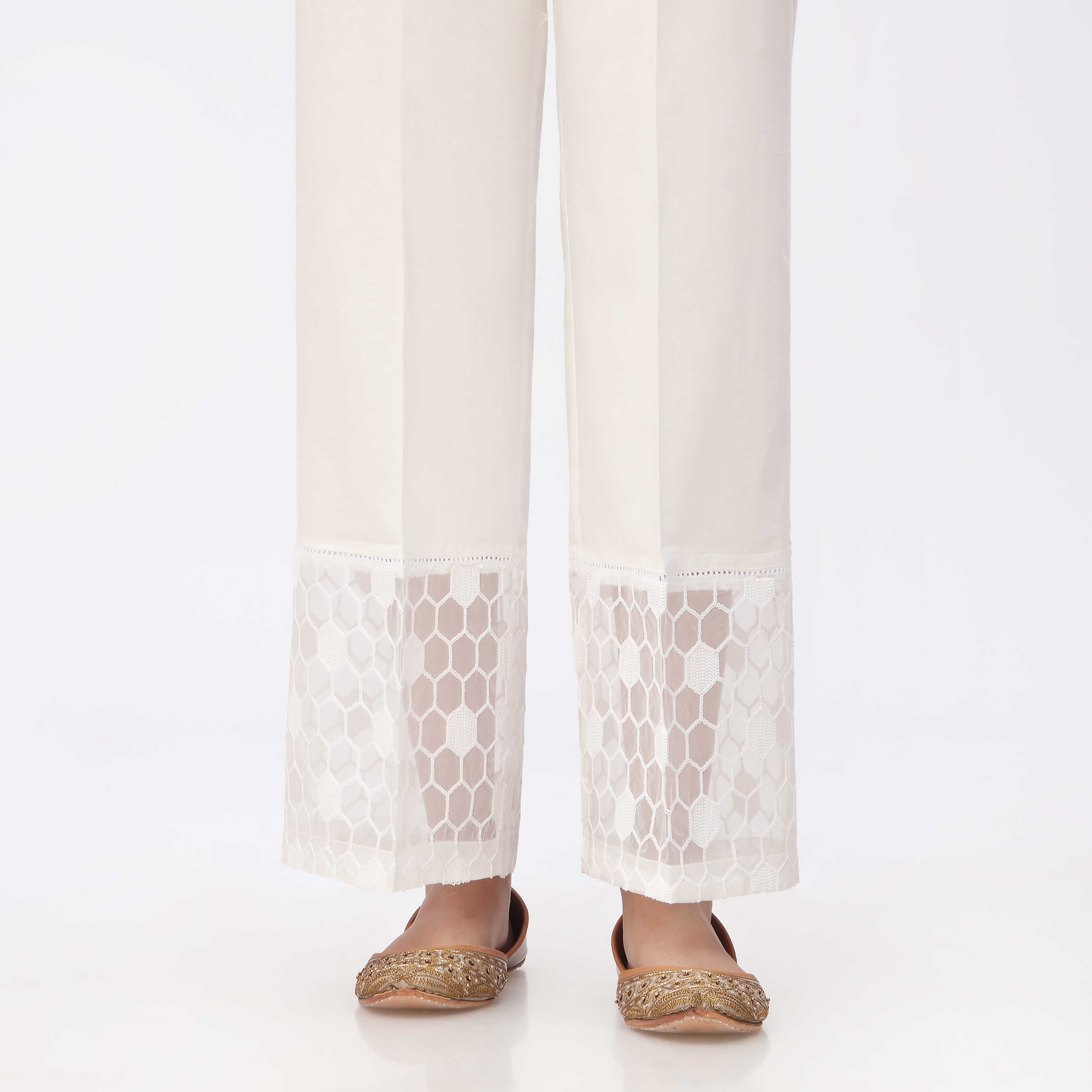 White Embroidered Cambric Straight Fit Trouser PS3544