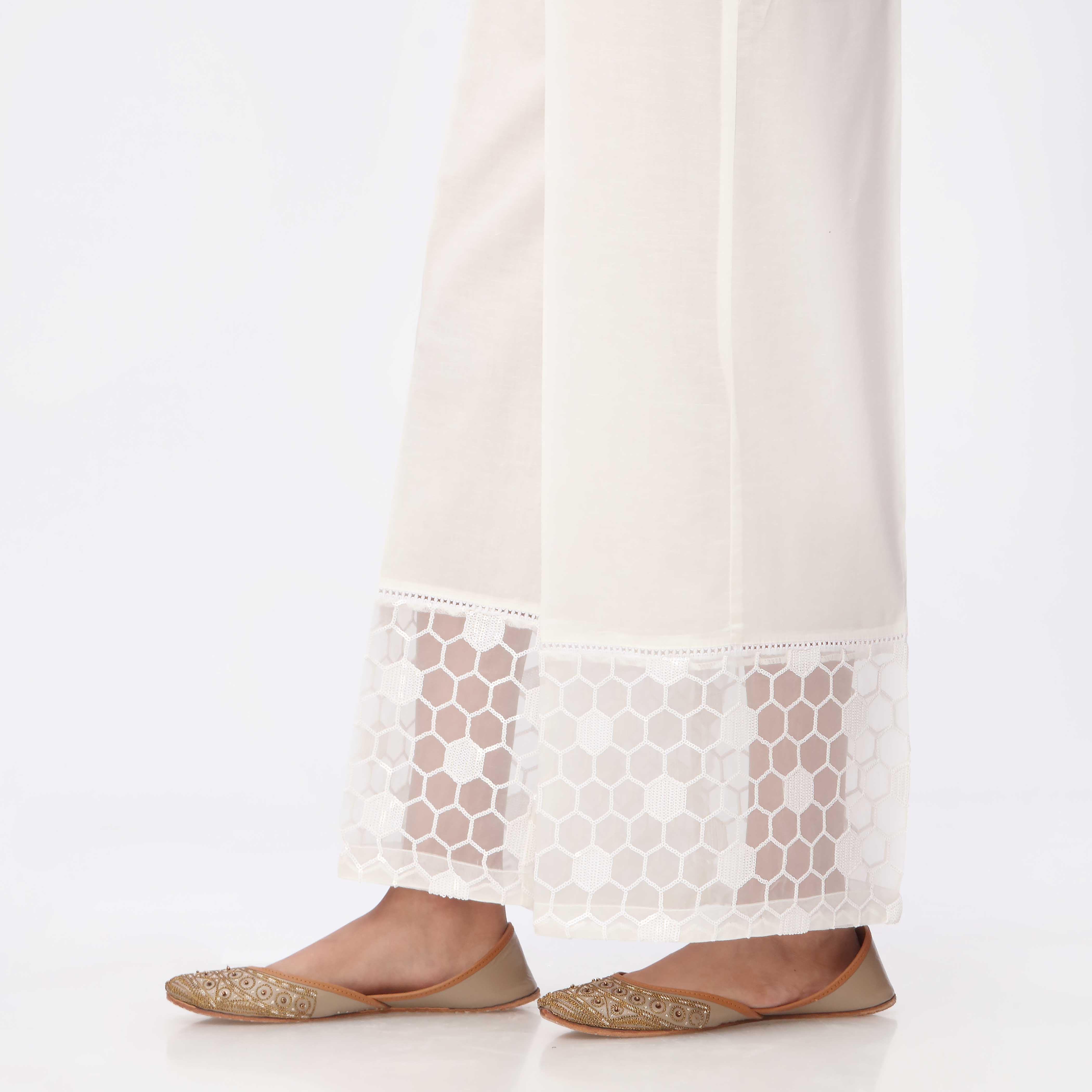 White Embroidered Cambric Straight Fit Trouser PS3544
