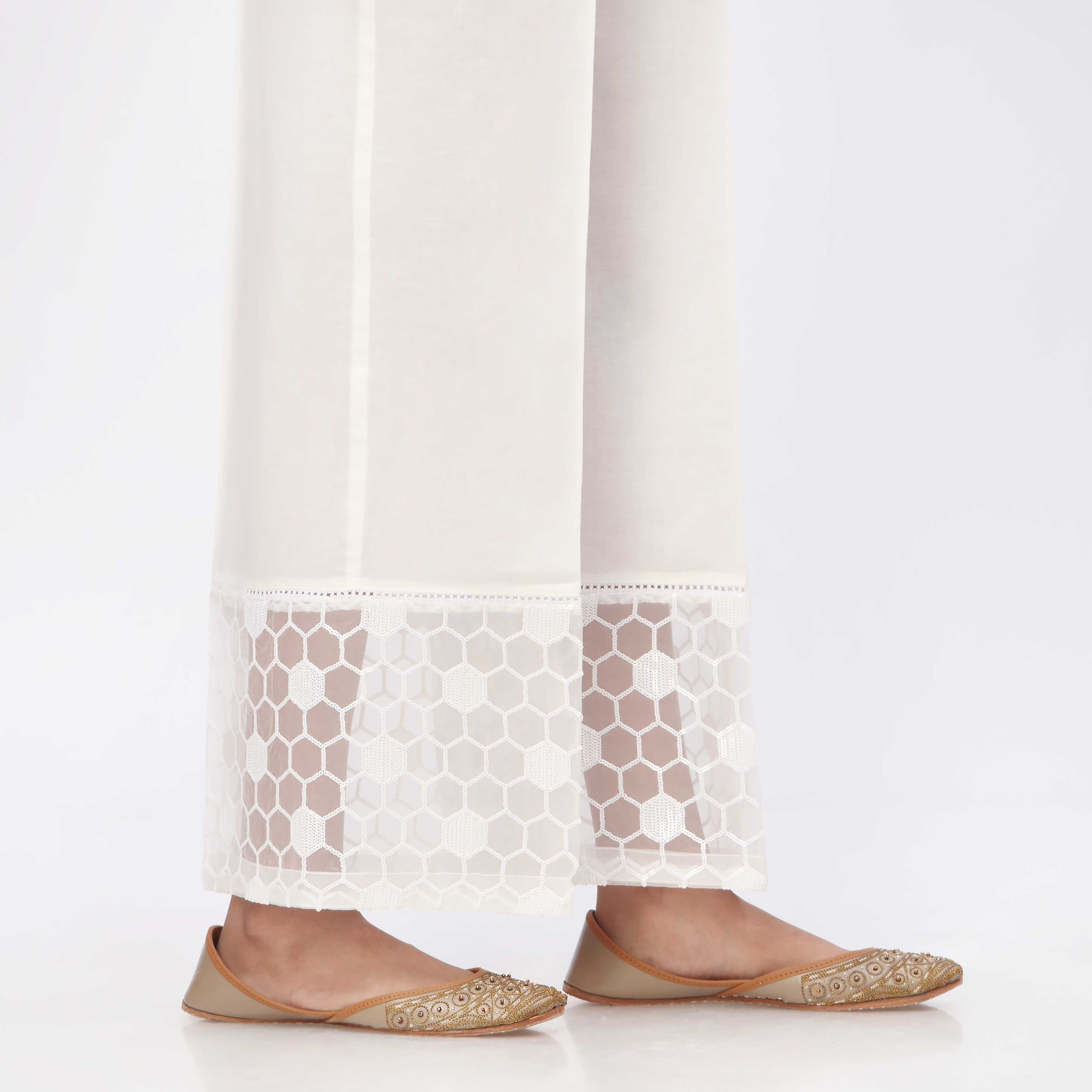 White Embroidered Cambric Straight Fit Trouser PS3544