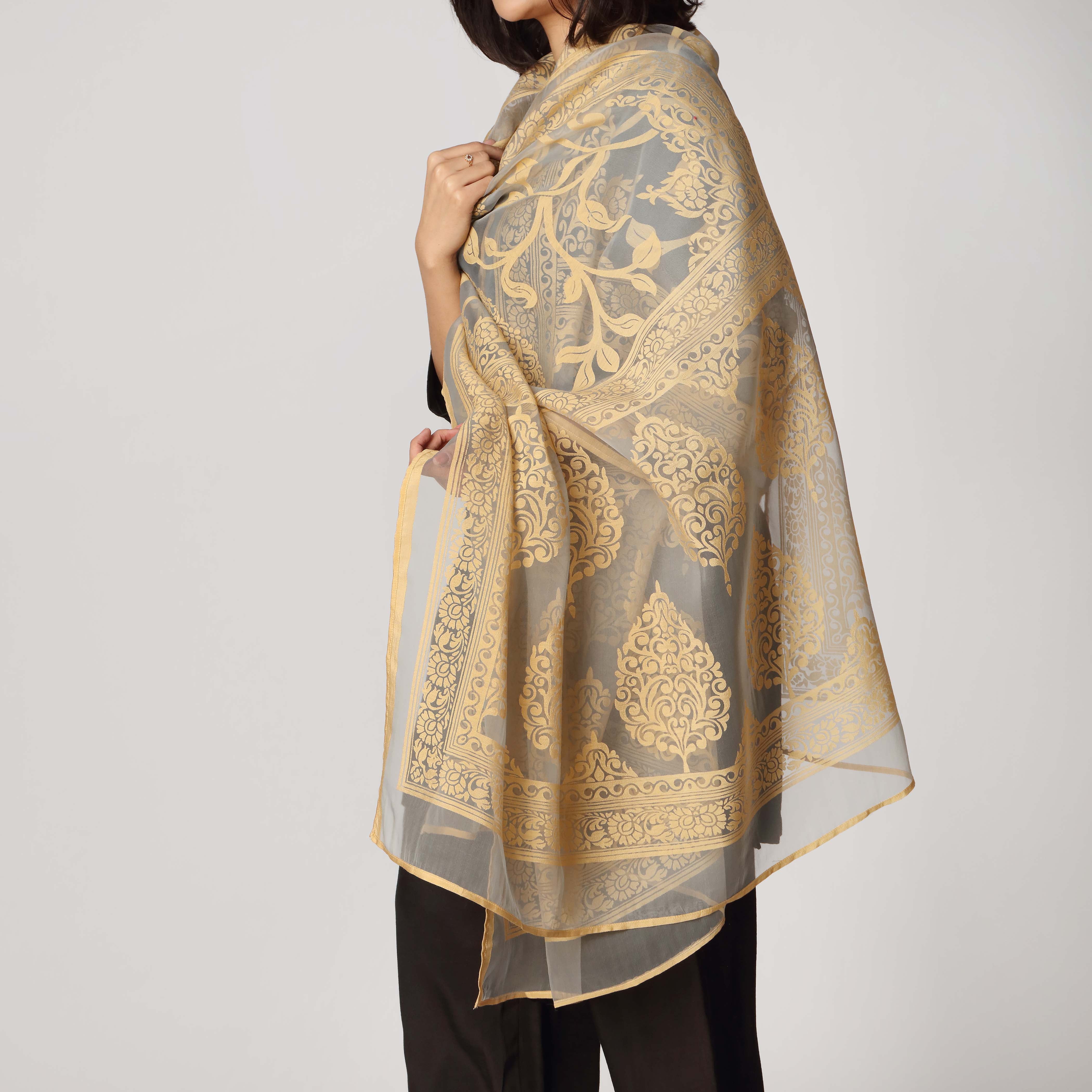 Grey Organza Burnout Dupatta PS3706