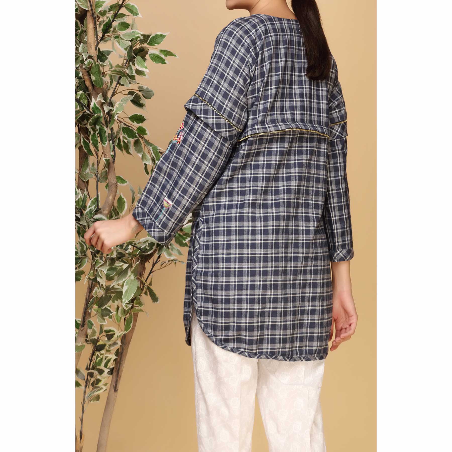 Navy Color Embellished Flannel Checkered Shirt PW1037