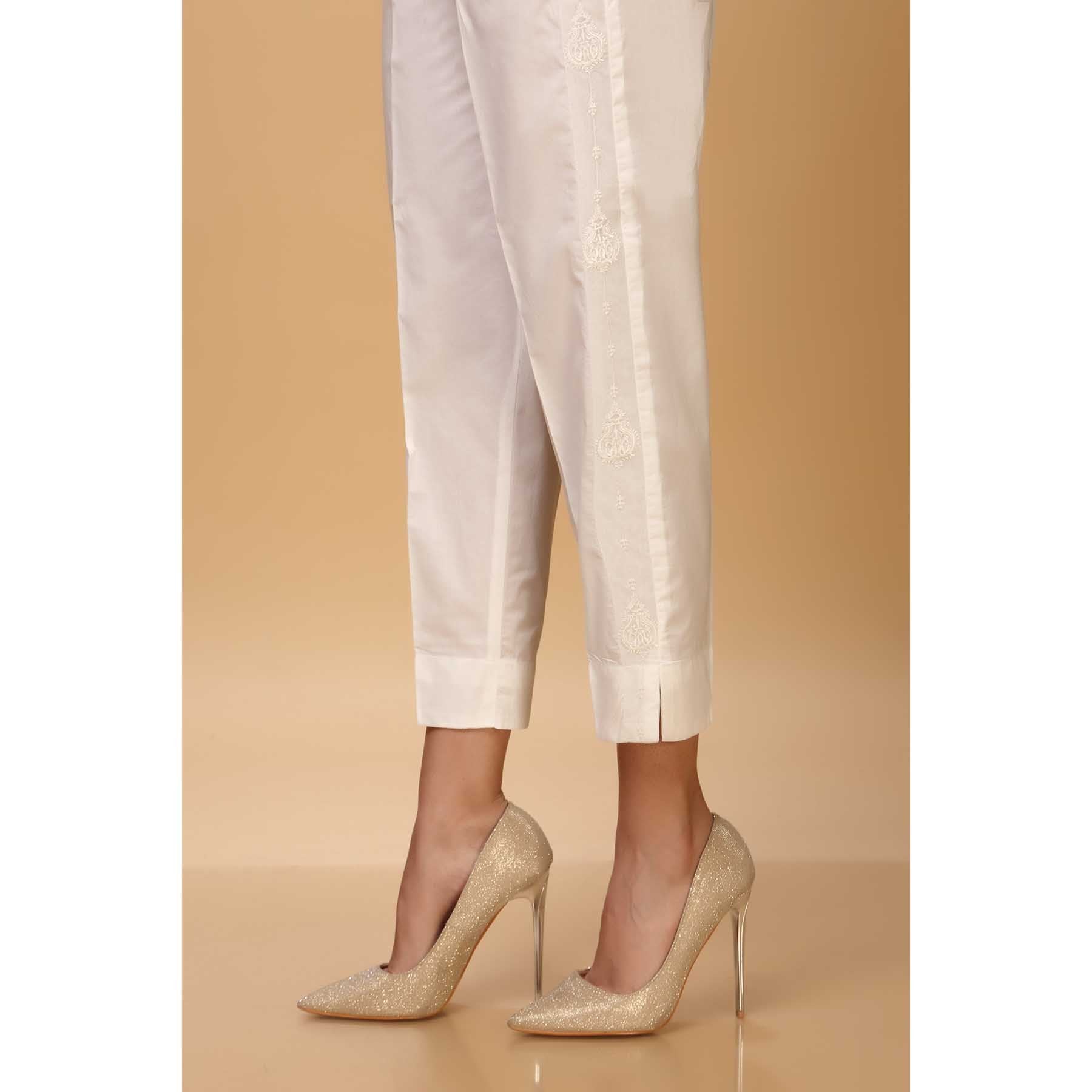 White Color Cambric Embroidered Trouser PW1504