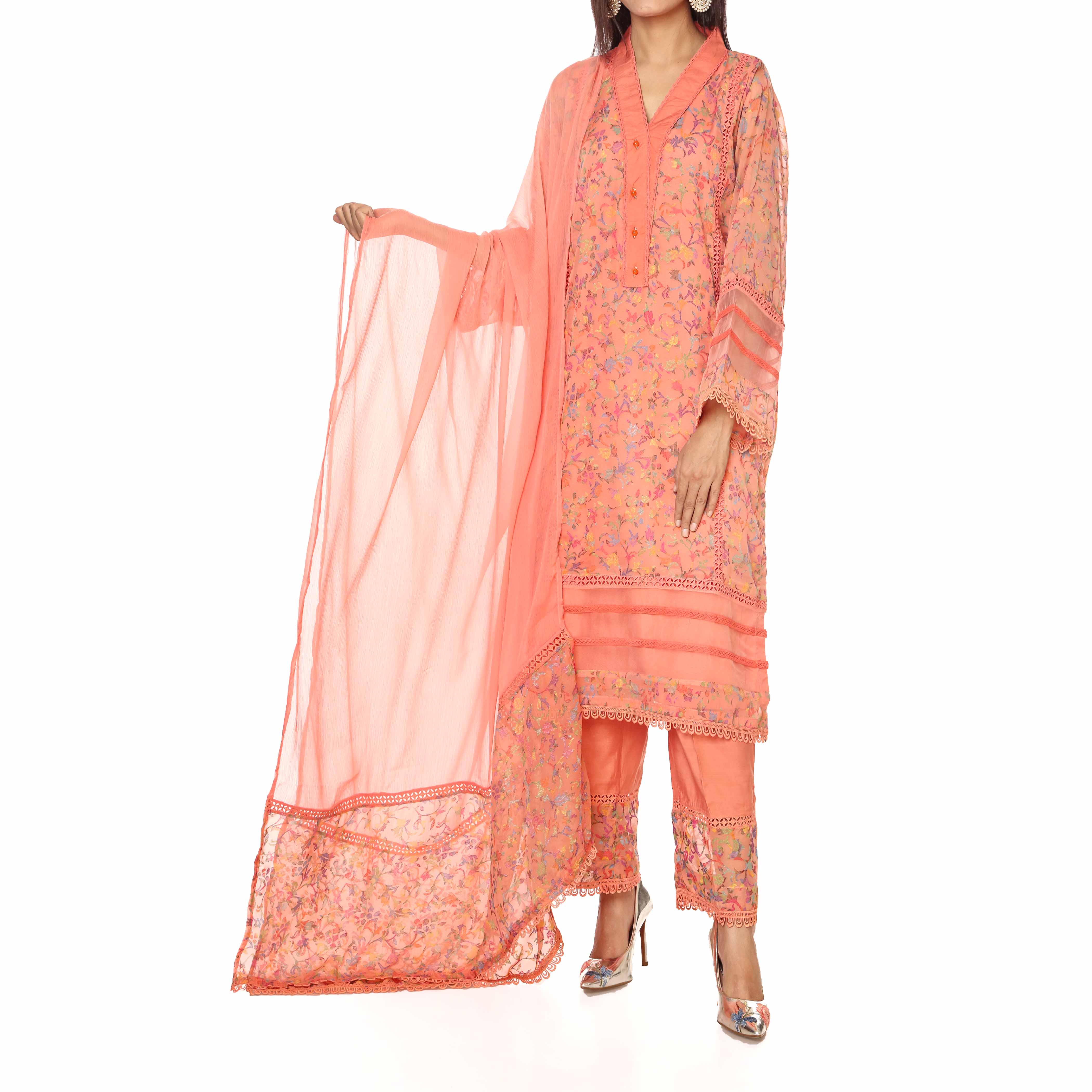 3PC- Georget Embellished Shirt with Chiffion Dupatta & Raw Silk Trousers PW2253