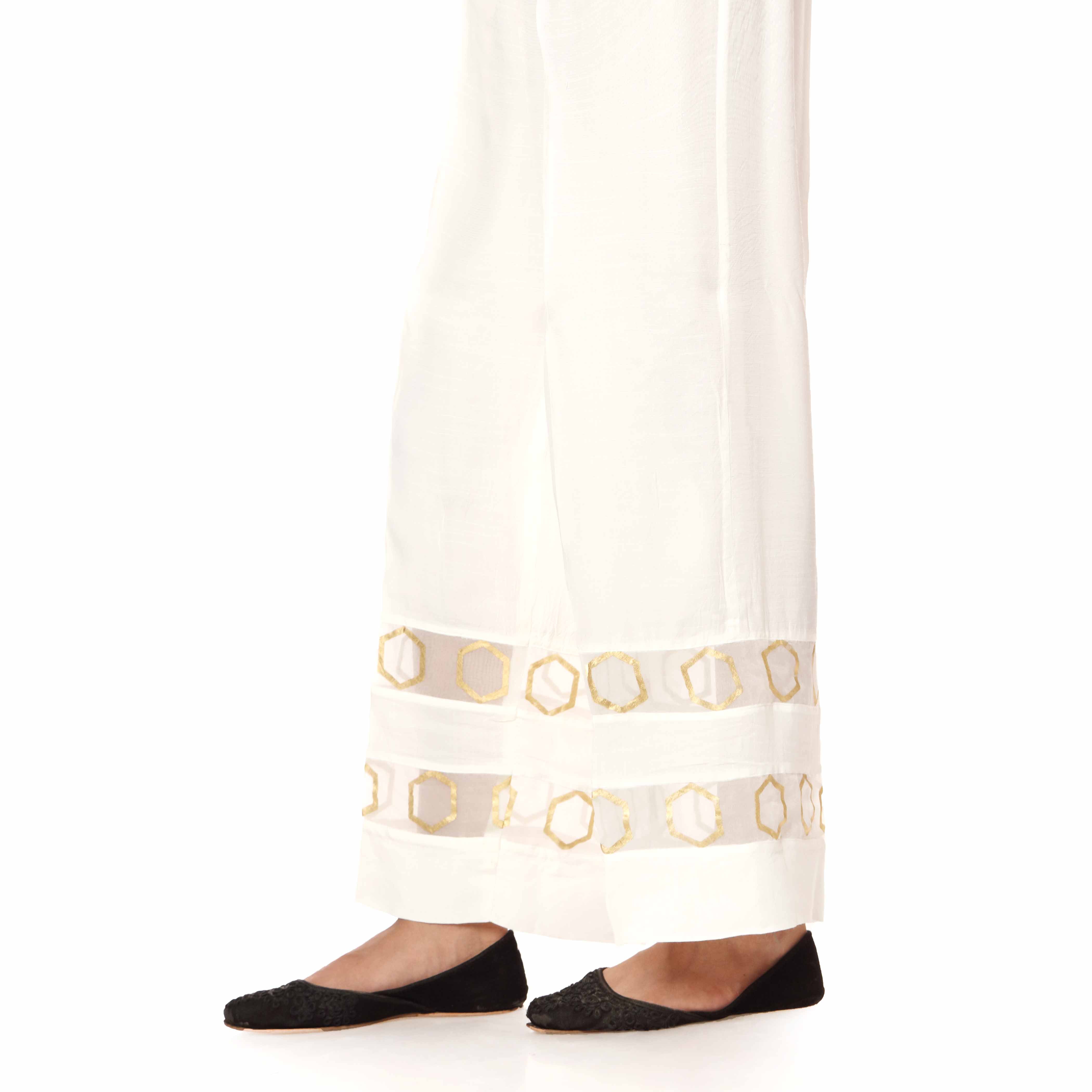 White Raw silk Embellished Straight Fit Trousers PW2501