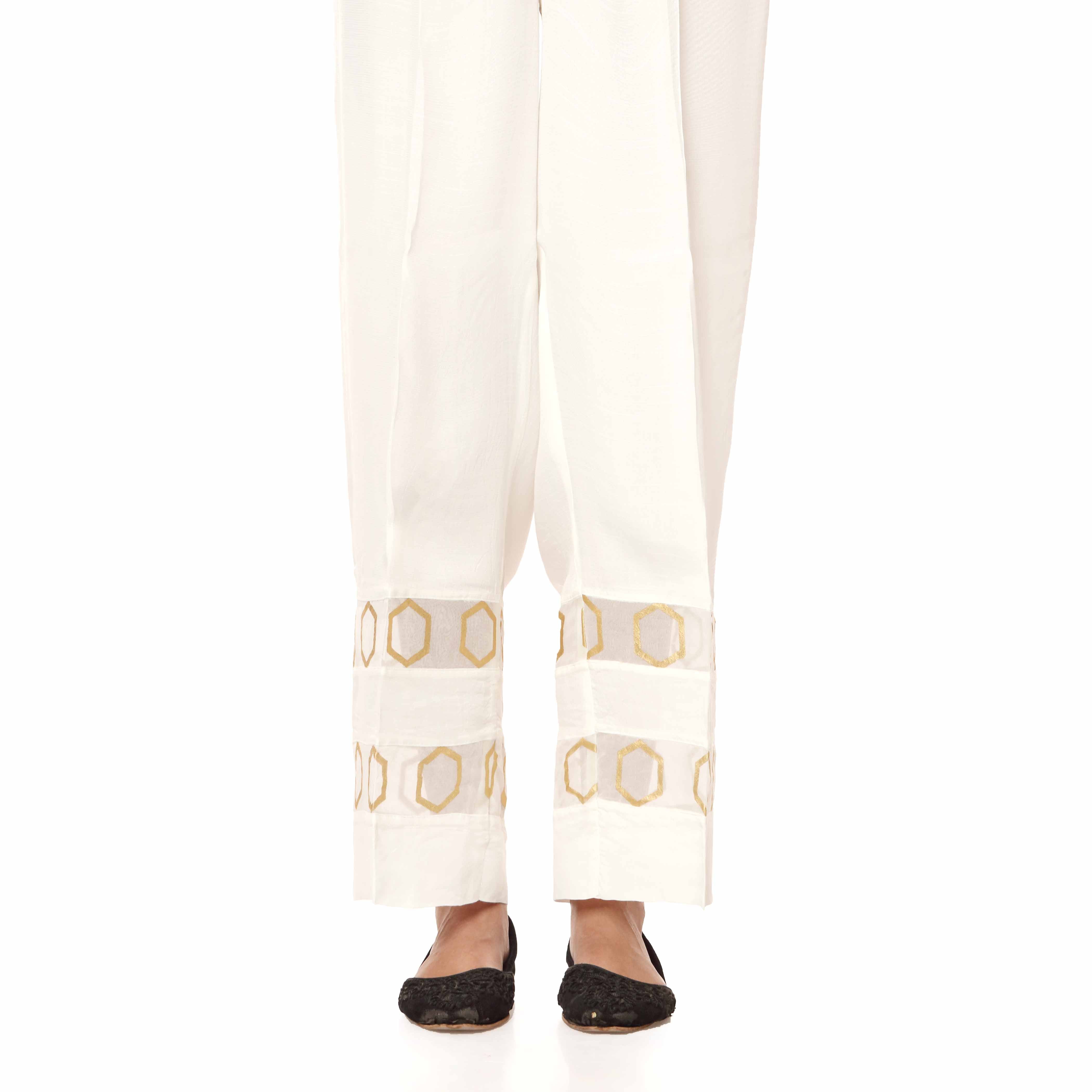 White Raw silk Embellished Straight Fit Trousers PW2501