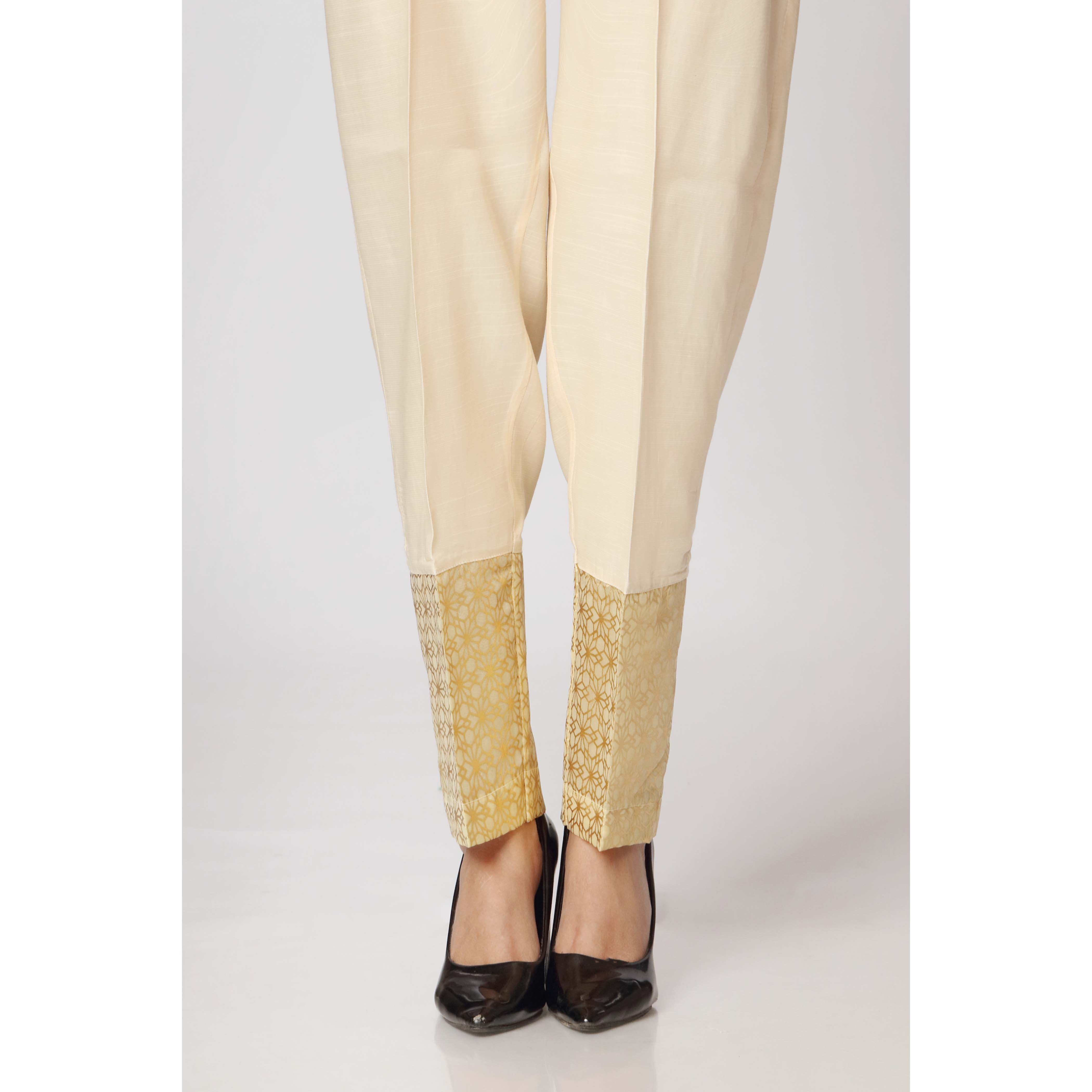 Beige Raw Silk Embellished Straight Fit Trouser PW2503