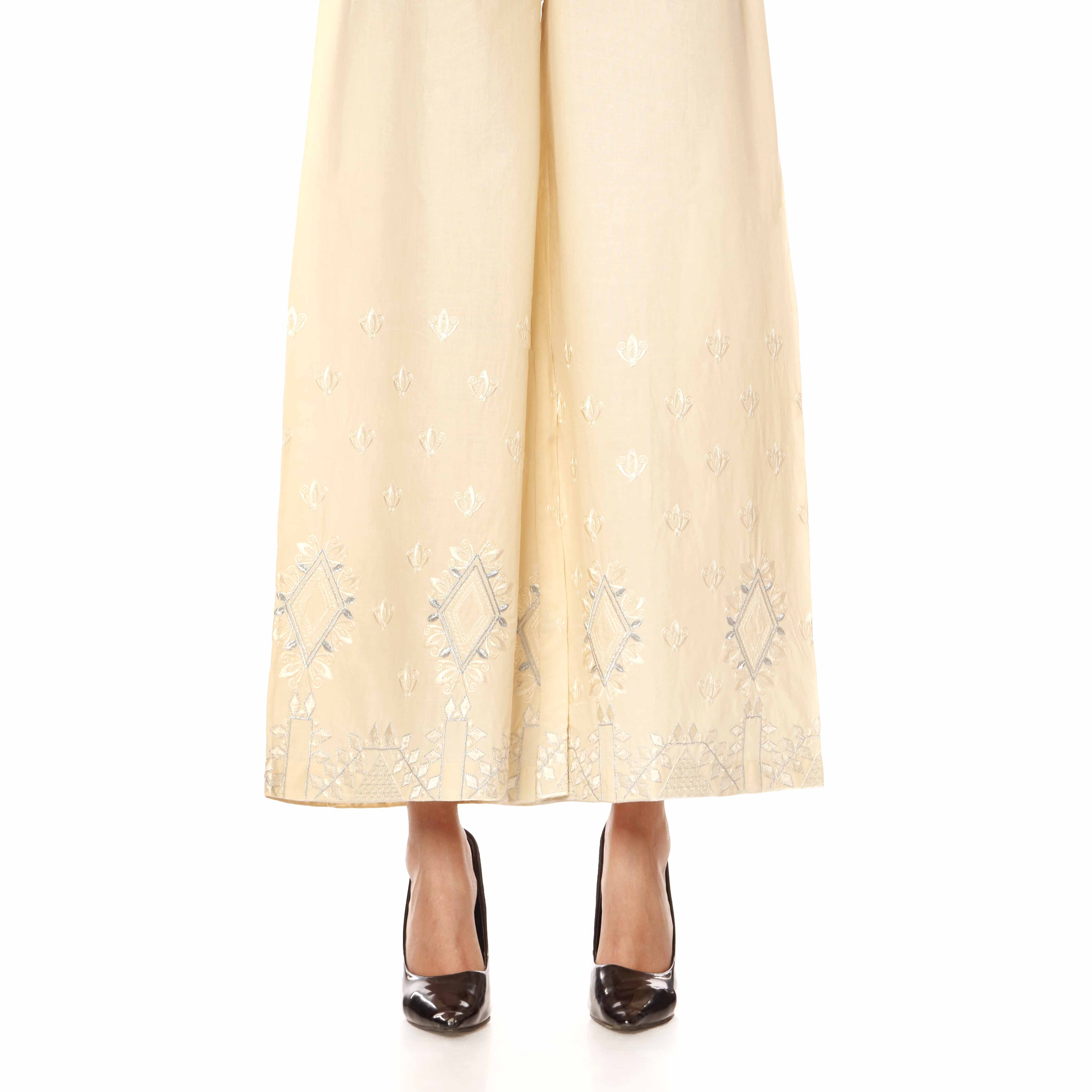 Beige Cambric Embellished Straight Fit Trousers PW2505