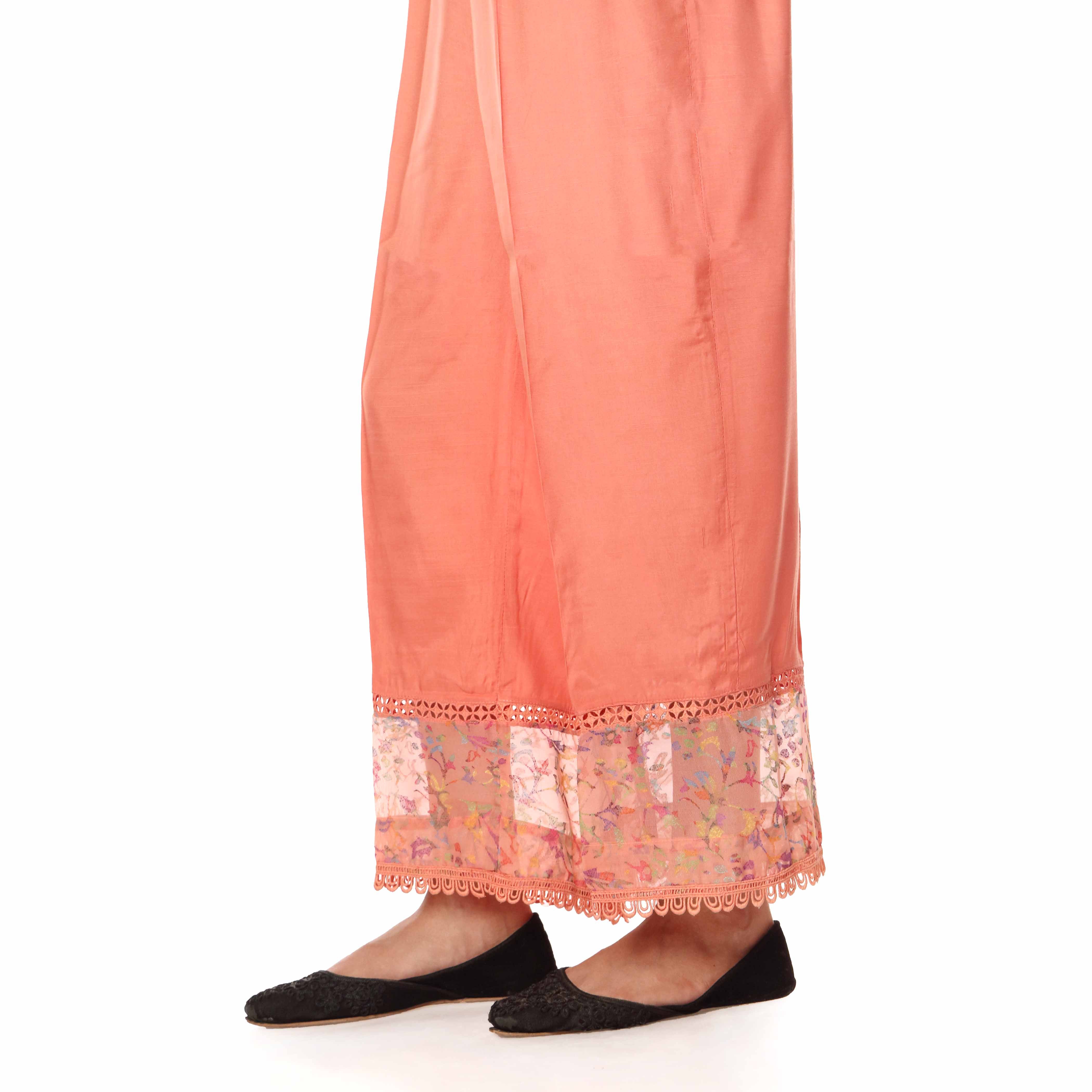 Peach Raw Silk Embellished Straight Fit Trousers PW2539