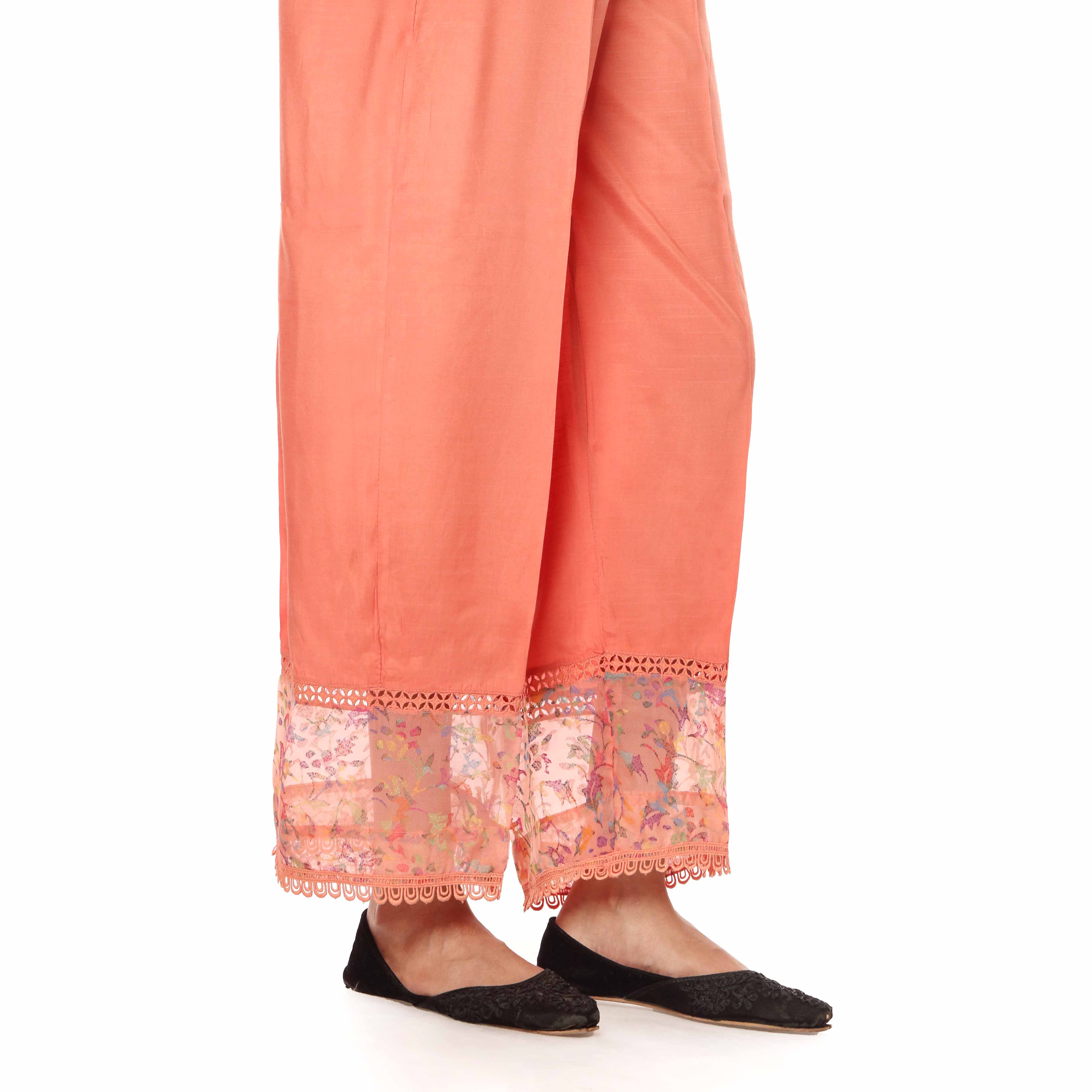 Peach Raw Silk Embellished Straight Fit Trousers PW2539